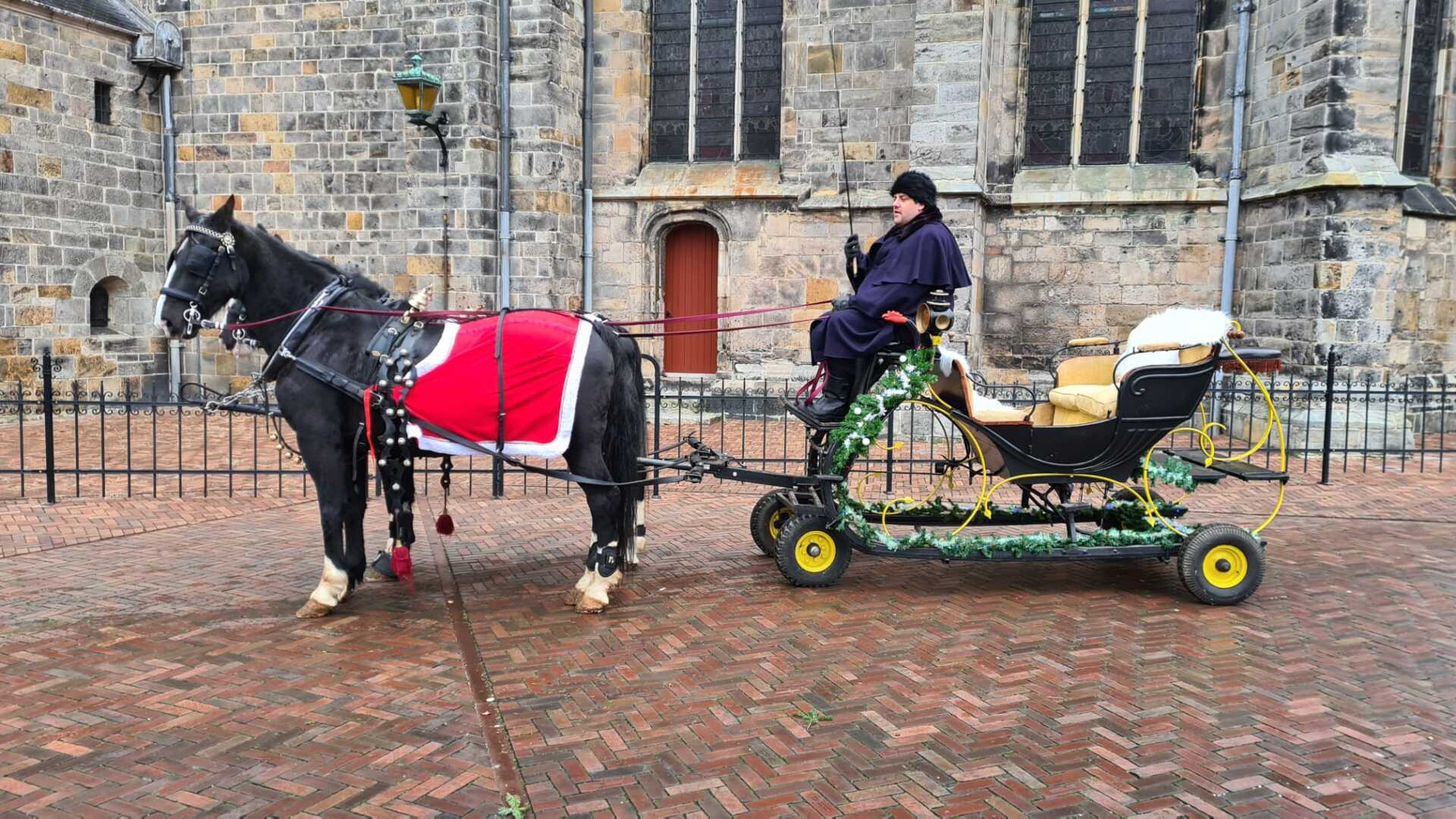 Arreslee met span Gelderse in Oldenzaal tijdens de Kerstmarkt